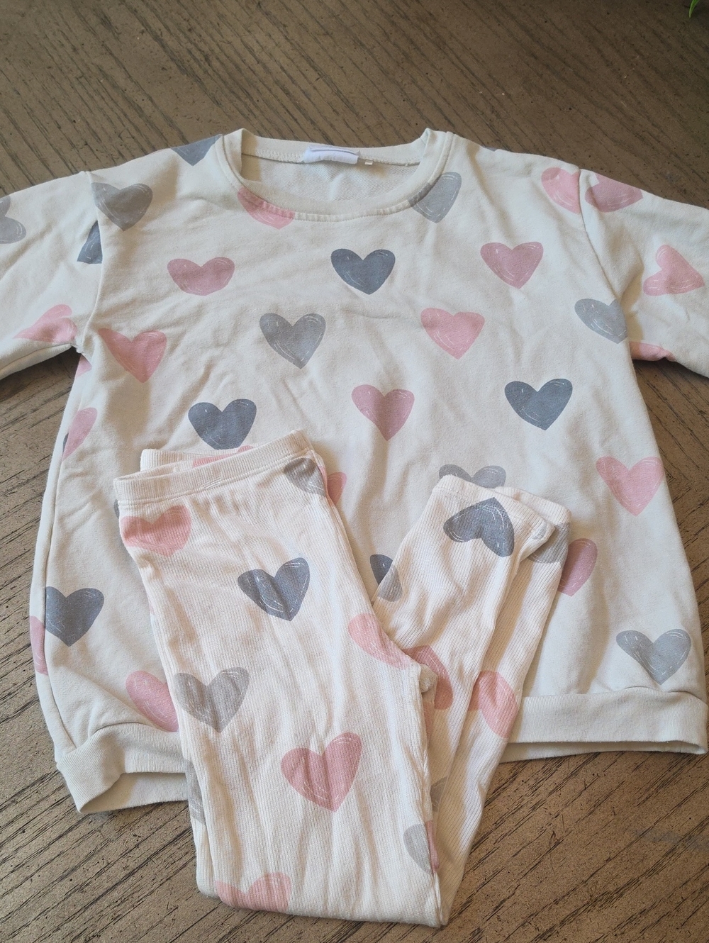 Angel Dear Cream Pajama Lounge Set with Pink and Gray Hearts